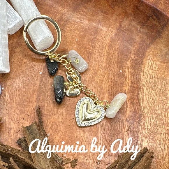 Rutile/white rutilated quartz gold bohemian bag charms key card holder keychain